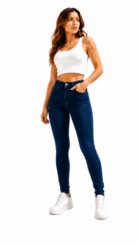 Jeans pitillo de tiro alto con faja reductora que moldea la cintura y realza la silueta. Su tejido denim de alta elasticidad se adapta al cuerpo proporcionando un ajuste perfecto y una comodidad excepcional durante todo el día. Un básico imprescindible, versátil y favorecedor para cualquier ocasión.